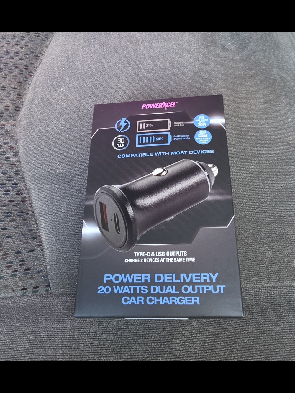PowerExcel 20W Dual-Output Car Charger – USB & Type C Outputs BNIB